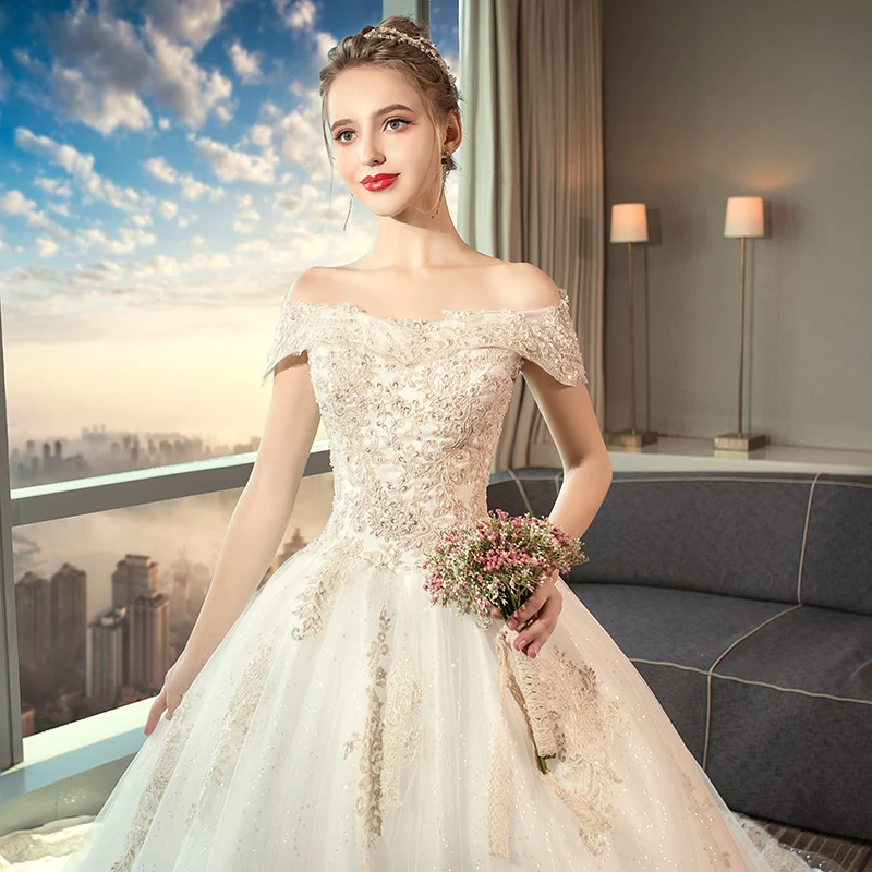 Женское свадебное платье со шлейфом SSYfashion роскошное до пола с открытыми плечами