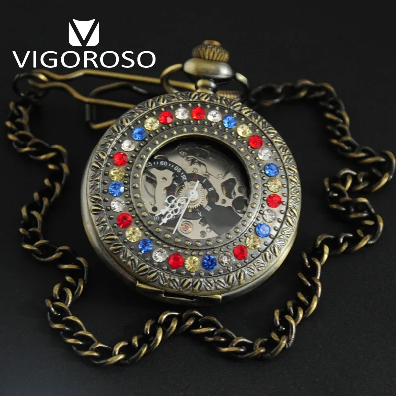 Роскошные карманные часы с алмазным рубином и краями механический механизм