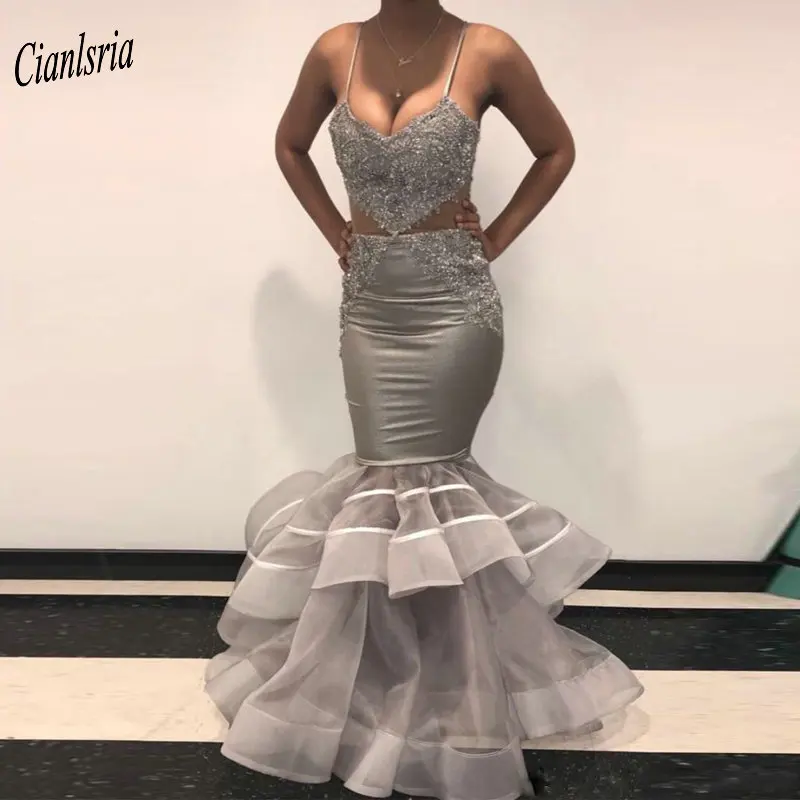 

Gray Sexy Spaghetti Strap Mermaid Evening Dress Sleeveless Appliques Lace Beading Tiered Skirt Formal Evening Party Dresses