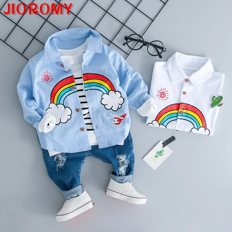 

Детские костюмы JIOROMY 2019, распродажа, детские осенние новые корейские радужные джинсовые рубашки, костюм из двух предметов 795 a1