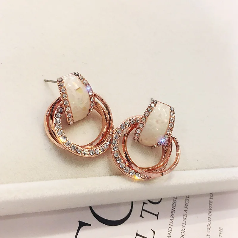 rose gold FYUAN, классические серьги-гвоздики в виде ракушки, розовое золото, маленькие круги, блестящие стразы, серьги для женщин, бижутерия, подарок - Окраска металла: rose gold