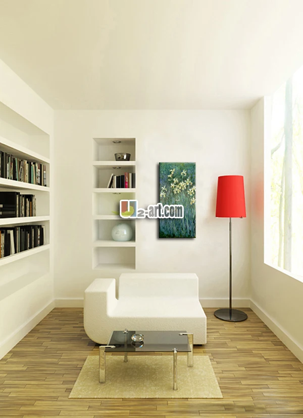 Зеленый фон с белыми цветами Клода Монета на стене офиса высокого качества