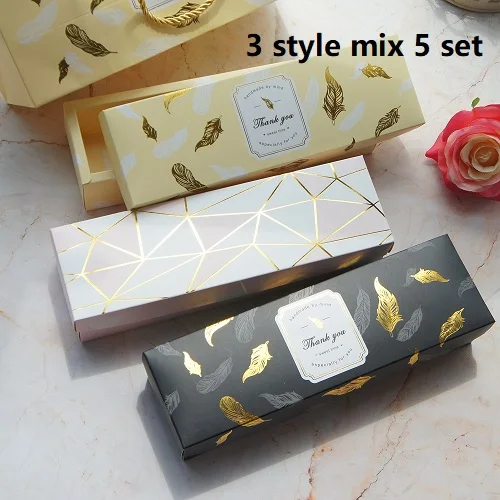 5 boxes mix style 23,7*6*5 см, 5 комплектов, золотая, розовая, алмазная, черная, желтая, перьевая дизайнерская бумажная коробка, как печенье конфеты ручной работы, милый подарок для свадьбы дня рождения - Цвет: 5 boxes mix style