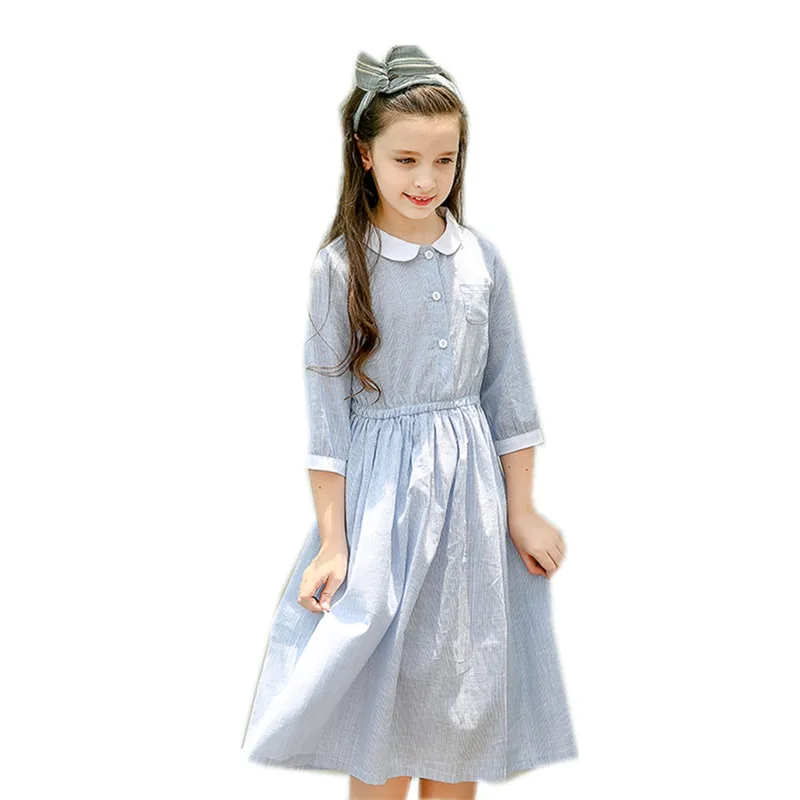 Весенне-летнее Полосатое платье-рубашка с воротником Питер Пэн для девочек от 4