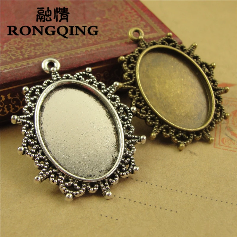 

RONGQING 25*18MM Cameo Round Cabochon Base 40pcs/lot Crown Retro Blank Settings Pendant Jewelry Findings