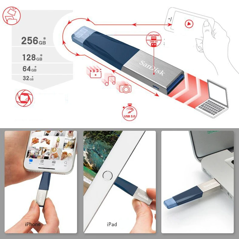 Флеш-накопитель SANDISK USB3.0 64GB 128GB 256GB Micro Usb флеш-накопитель Lightning/Otg Usb флеш-накопитель для iPhone/iPad/iPod Memory Stick