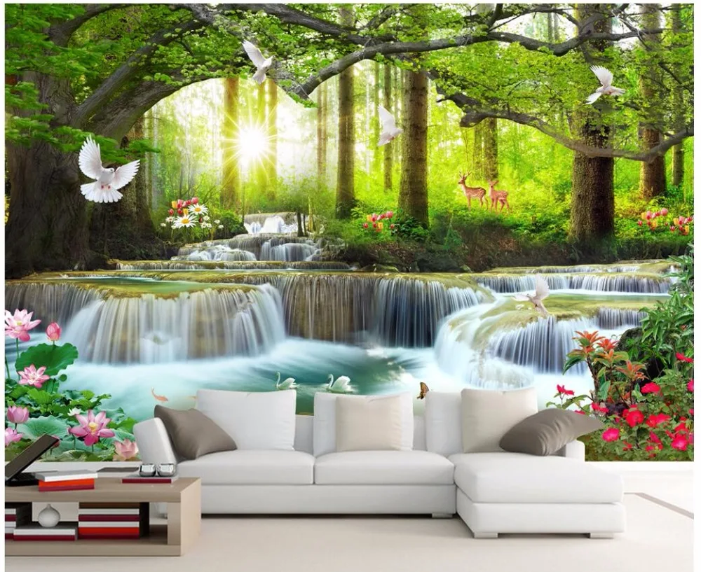 

3d wallpaper custom photo mural Green tree forest waterfall landscape home decor living room background wallpaper for walls 3 d