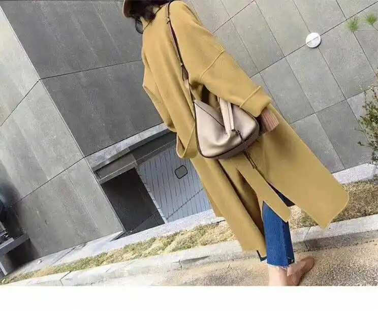 yellow Длинное женское пальто с лацканами и 2 карманами, куртки с поясом, одноцветные пальто, двухстороннее кашемировое пальто ручной работы, шерстяная женская верхняя одежда - Цвет: yellow