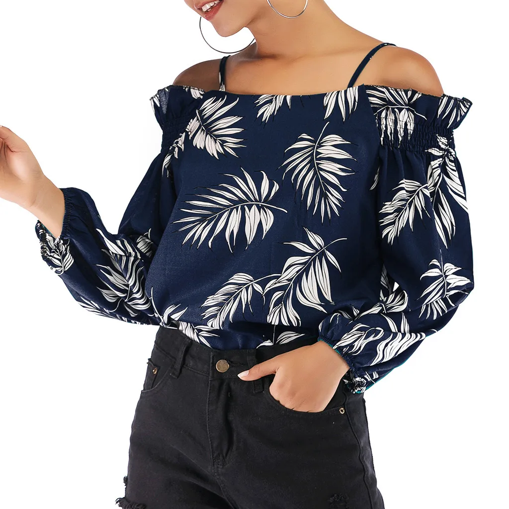 spring chiffon fashion women's slant collar word leaf print sling strapless shirt casual | Женская одежда