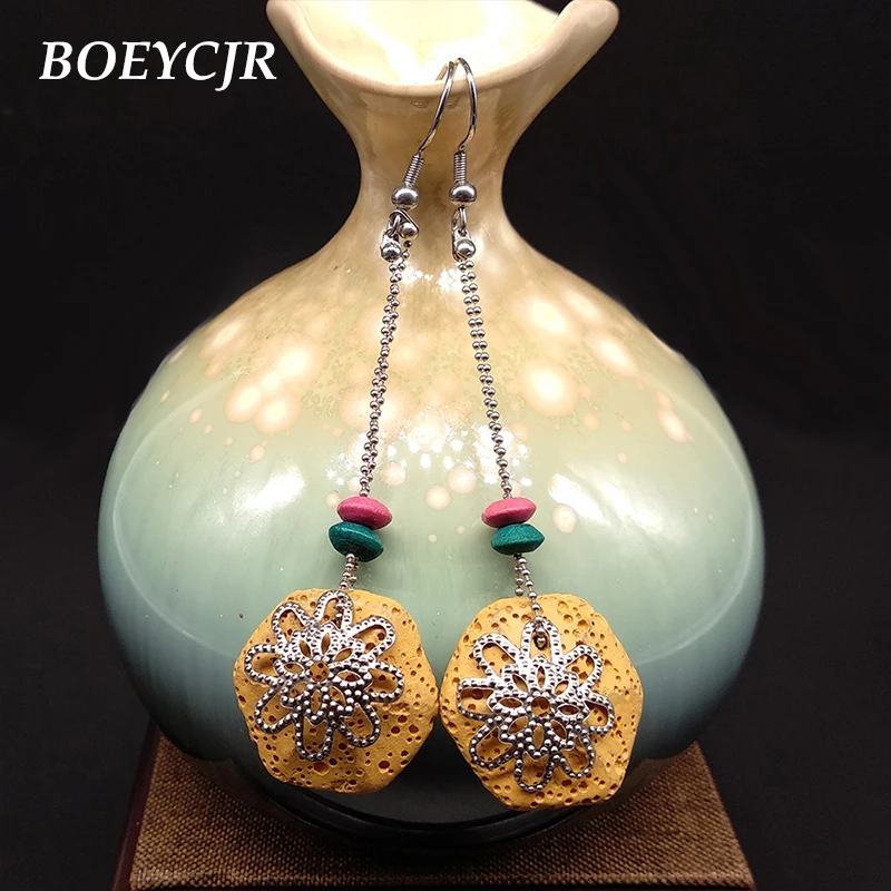 Женские винтажные серьги подвески ручной работы длинные висячие из лавового