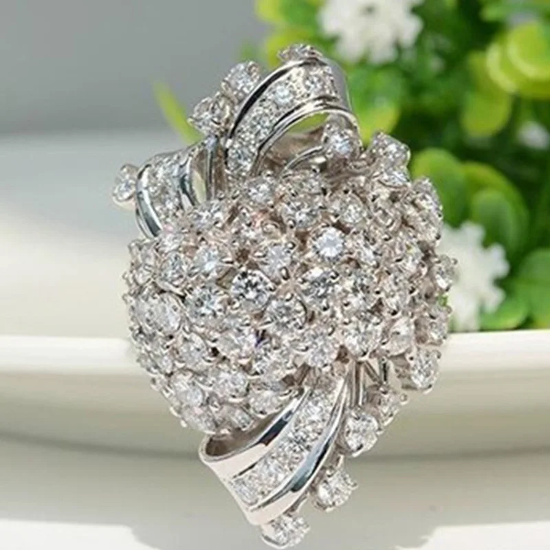 

2019 New Flower Inlaid Zircon Ring For Women Exaggerated Silver Color Bride Wedding Engagement Rings Fill With Zircon Jewelry