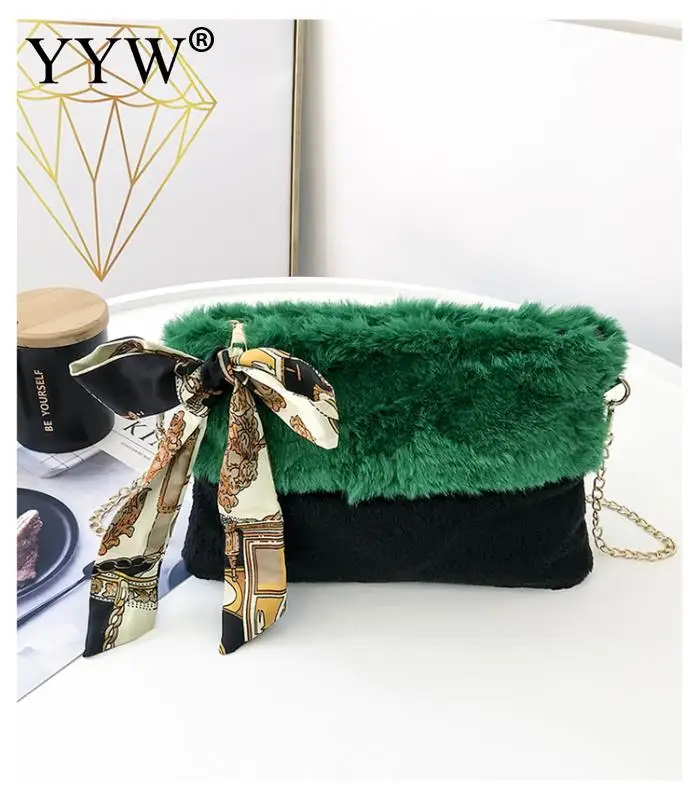 

Plush with silk scarf Crossbody Bag Elegant with chain & contrast color & soft surface Solid