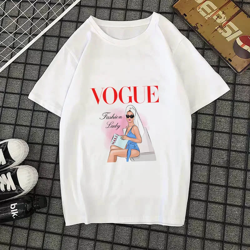 Летняя Новинка, модная женская футболка, VOGUE, с буквенным принтом, Harajuku, футболка с круглым вырезом и коротким рукавом, белые топы, женская одежда