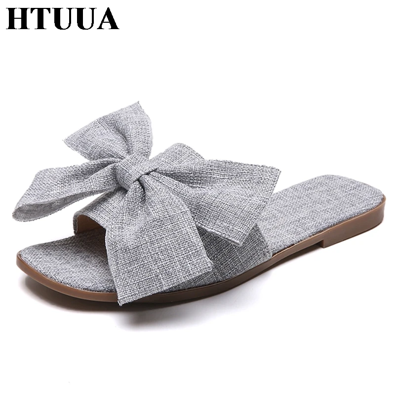 HTUUA/2018 г. красивые шлепанцы женские вьетнамки на плоской подошве с большим бантом