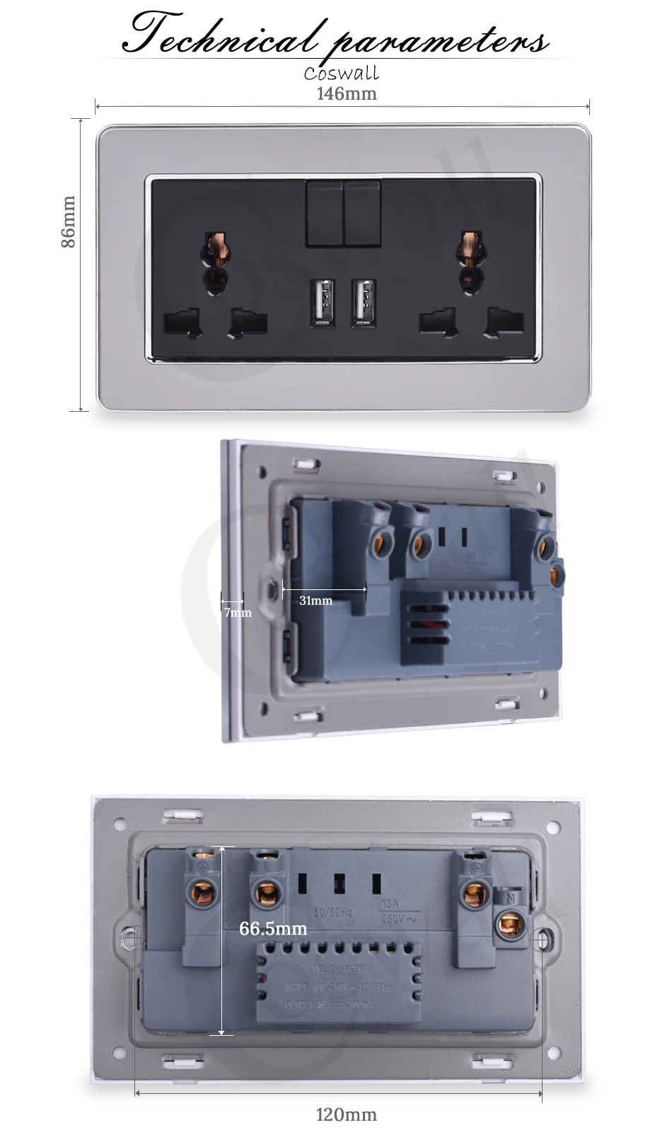 COSWALL 2 банды 13A универсальная Коммутируемая розетка двойной USB порт зарядки выход 2.1A настенная розетка из нержавеющей стали матовая панель