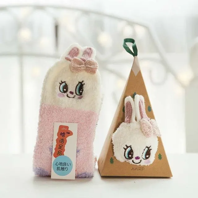 rabbit Милые Рождественские Носки с рисунком оленя в виде животных, подарок, объемные пушистые коралловые бархатные толстые теплые зимние носки для женщин, подарок на год, носки с коробкой - Цвет: rabbit