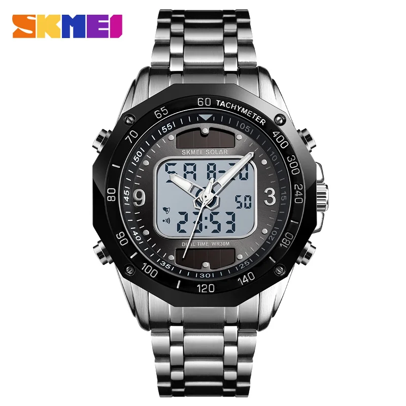 silver black SKMEI 1493 модные роскошные Брендовые Часы для мужчин Солнечный ремешок из нержавеющей стали двойной дисплей кварцевые мужские часы relogio masculino - Цвет: silver black