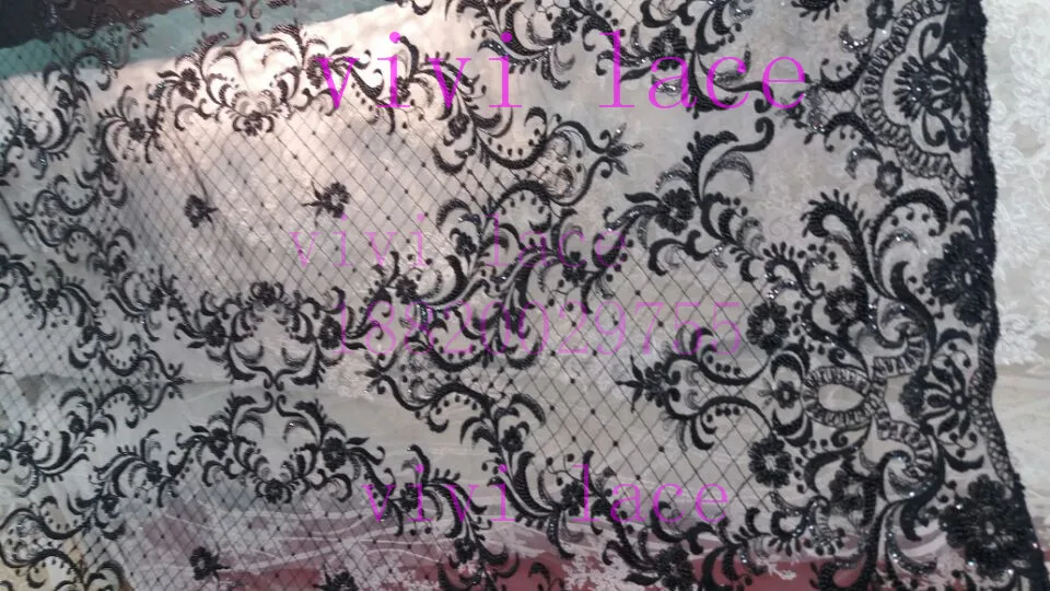 5 ярдов BL002 черный бисер блесток французская вышивальная сетка тюль сетка кружева для свадебного платья/вечернее платье/модное шоу