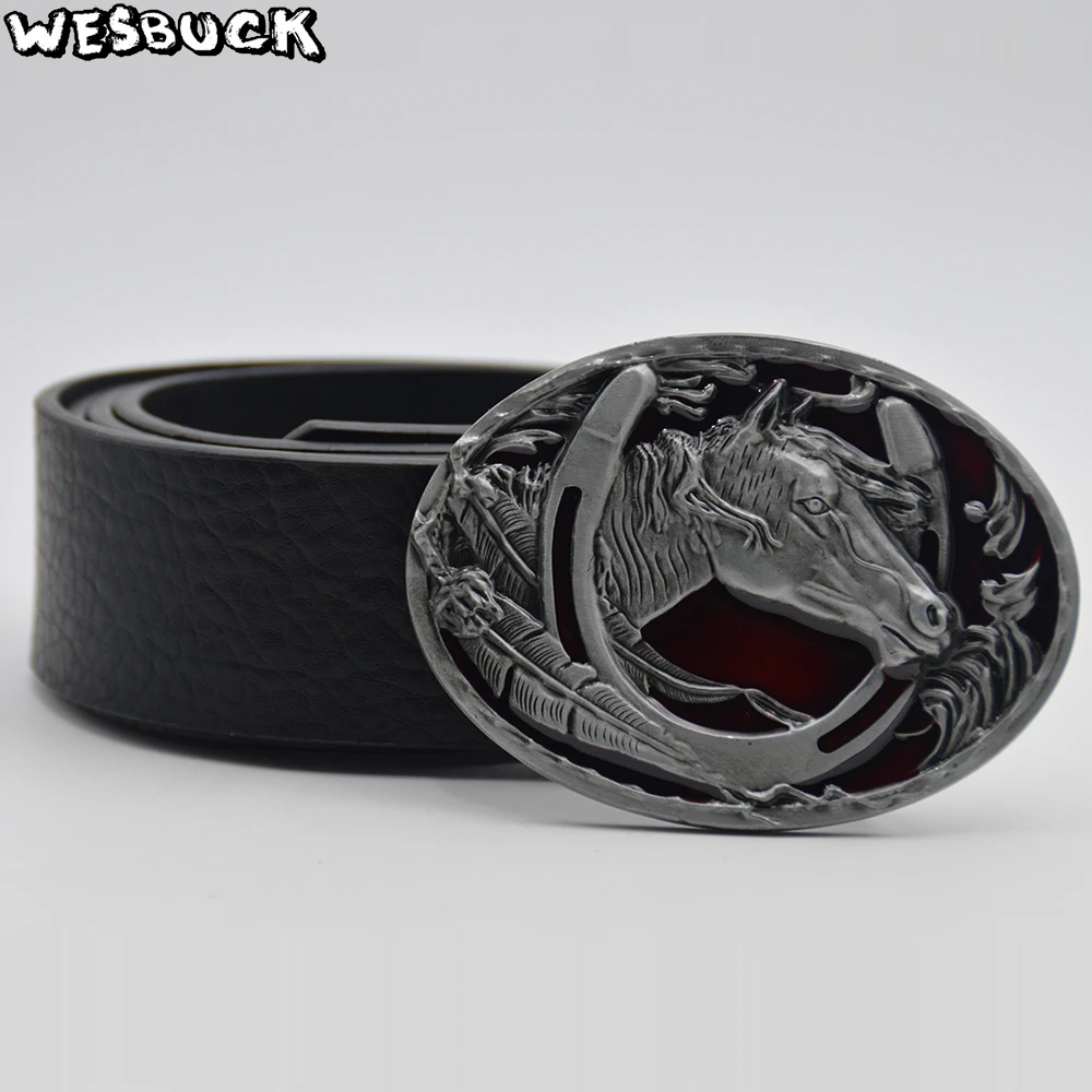 5 PCS MOQ wesbuck Brand подковы красного цвета с металлическим ремнем и пряжкой для мужчин унисекс Western BUCKLES в ковбойском стиле Horse КОЖА с пряжкой в ковбойском стиле; с поясом из искусственной кожи