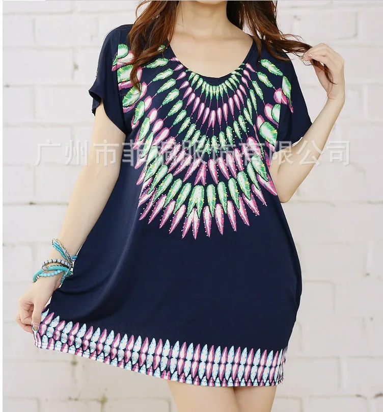 2013 New Arrival Women's Fall oversized national wind feather printed stretch cotton dress Crystal Hemp | Женская одежда