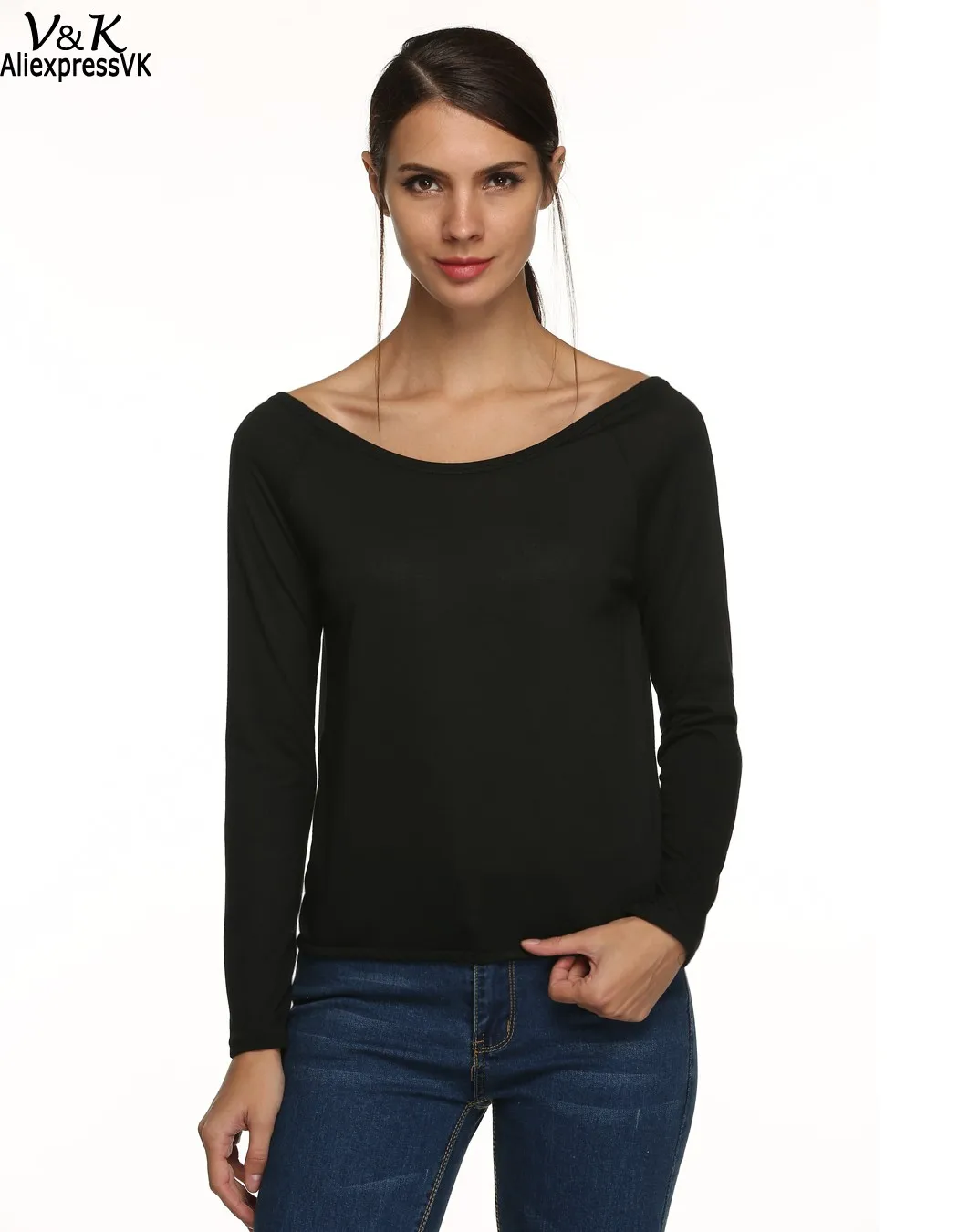 Горячая Продажа! 2015 Т Рубашки Женщины Мода Длинным Рукавом Шею Спинки