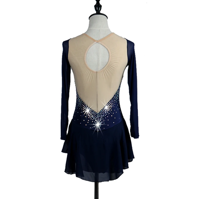 Платье женское для катания на коньках с блестками из синего спандекса|ballroom wear|latino