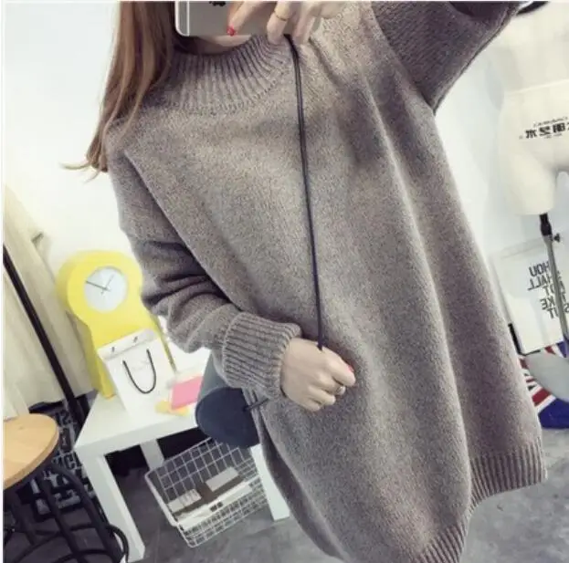 2019 autumn winter long sweater skirt high collar thickening set Korean version of the loose line wool dress woman | Женская одежда