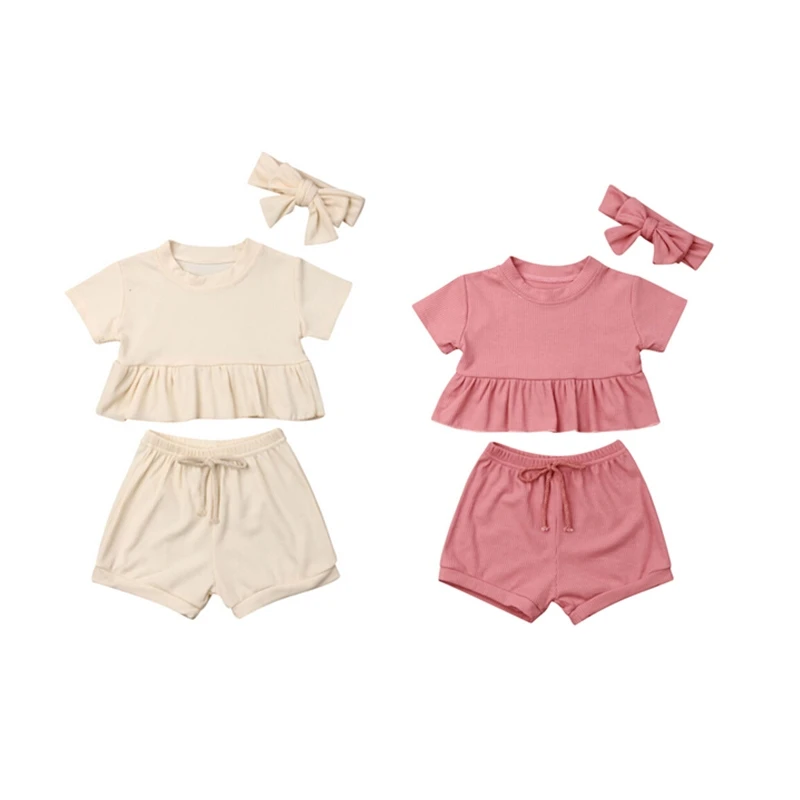 

Newborn Kids Toddler Boy Girl Cotton Summer Clothes Sunsuit Set Children Ruffles T-Shirt Tops Shorts 3PCS Outfits Clothing Sets