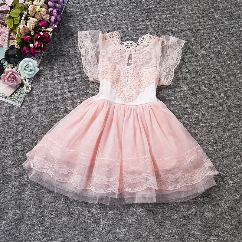 

girls lace Dress Kids short sleeve princess dress Children's clothing gray pink 3-7 year