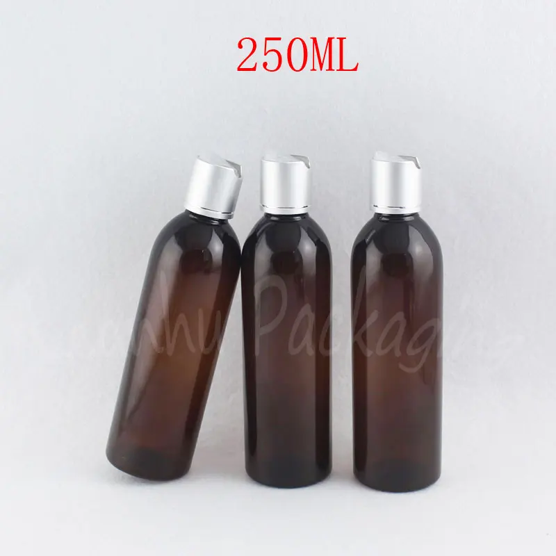 

250ML Brown Plastic Bottle With Silver Disc Top Cap , 250CC Shampoo / Shower Gel Sub-bottling , Empty Cosmetic Container