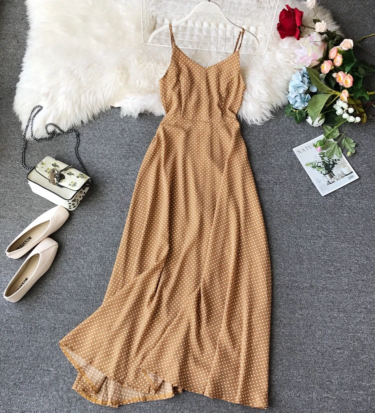 Летнее Бохо длинное платье женское с v-образным вырезом в горошек открытой спиной