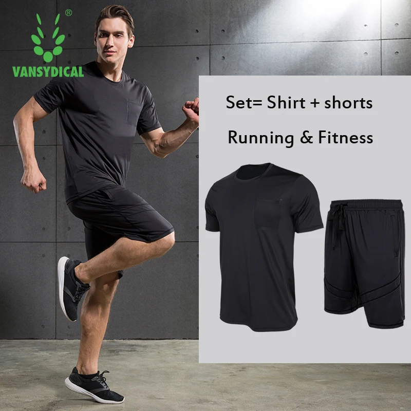 Быстросохнущая спортивная одежда комплект фитнес мужчин с коротким рукавом