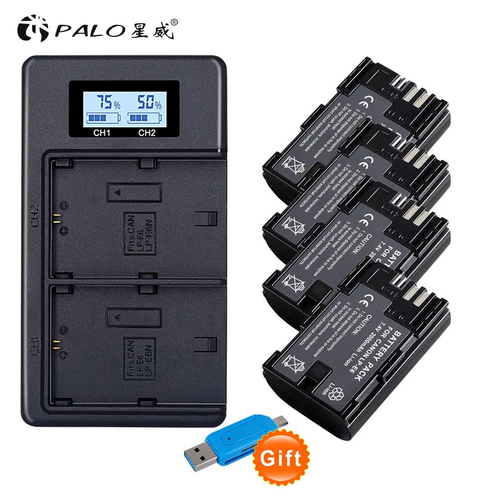 4x PALO lpe6 bateria lp e6 E6N LP-E6N LP-E6 батарея+ ЖК двойное зарядное устройство для Canon 5D Mark II Mark III 6D 7D 60D 60Da 70D 80D DSLR