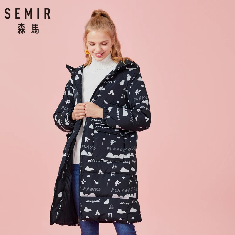 SEMIR Для женщин длинный пуховик с принтом пальто капюшоном открытым карман