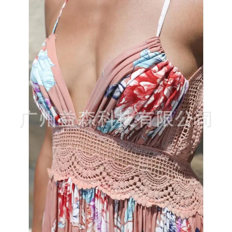 Женское винтажное платье с цветочным принтом длинное пляжное треугольным