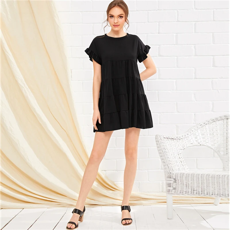 SHEIN черное однотонное платье с рюшами, женское летнее платье с круглым вырезом и высокой талией, Дамское короткое платье, свободное милое платье трапециевидной формы