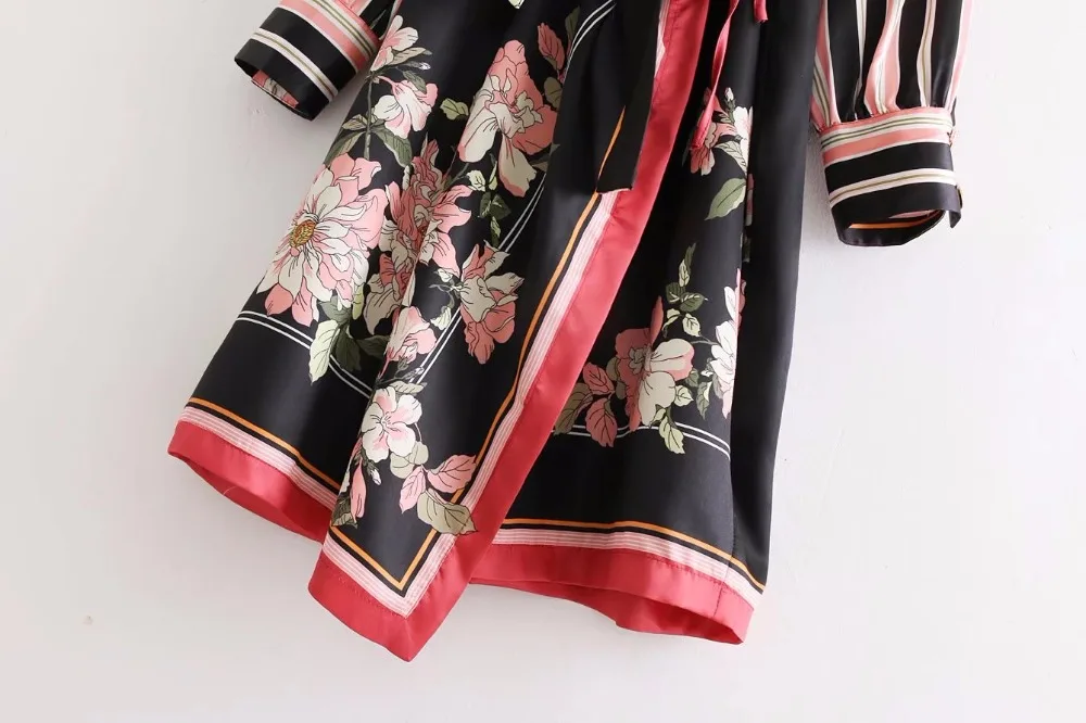 2018 Женские винтажные пикантные V шеи Лоскутная Floral Print Kimono мини-платье модные