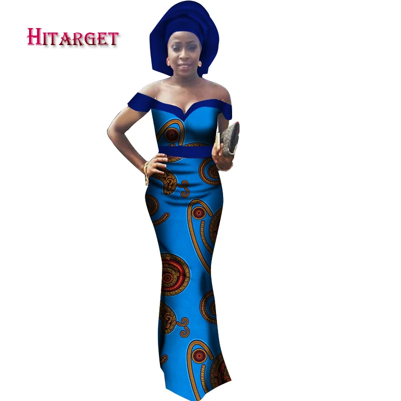 

2020 New Bazin Riche African Dresses for Women Sexy V-neck cotton Dresses With Headwrap African Dashiki Women dress WY2804