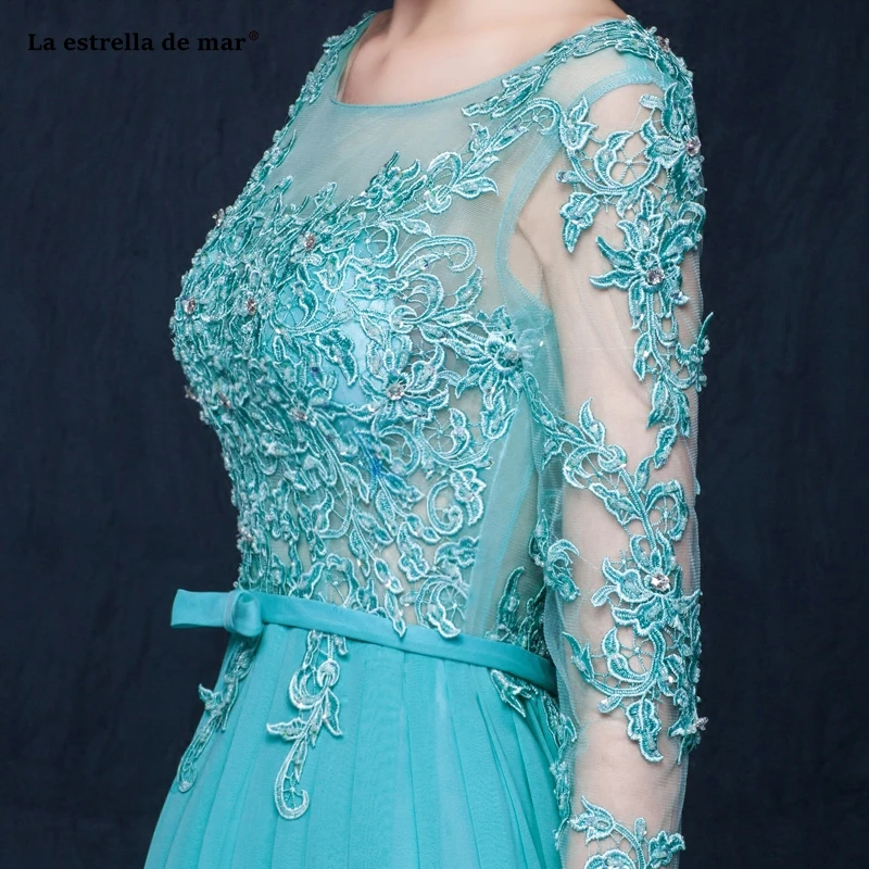 Vestidos dama de honor largos2019 Черпак шеи тюль бисером с длинными рукавами Холтер ТРАПЕЦИЕВИДНОЕ бирюзовое платье подружки невесты качество