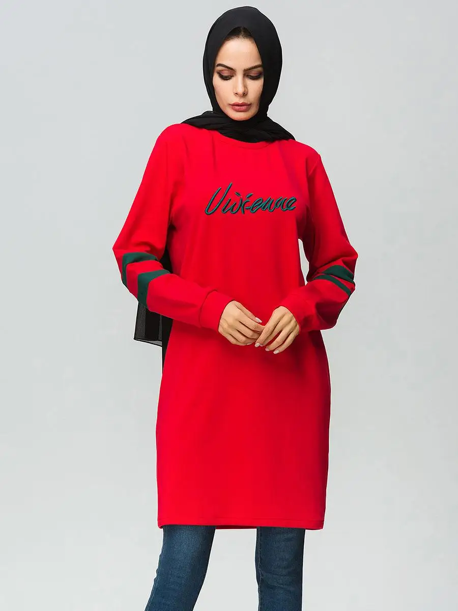 Для женщин мусульманский топ толстовки вышивка повседневное с длинным рукавом