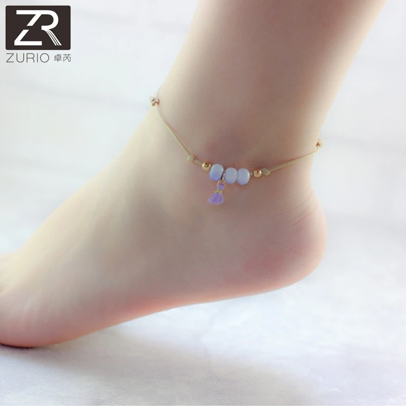 Zurio New Boho Beads Anklets For Women Fashion Tassel Pendant Anklet Cotton Handmade Chain Foot Jewelry Gift Wholesale | Украшения и