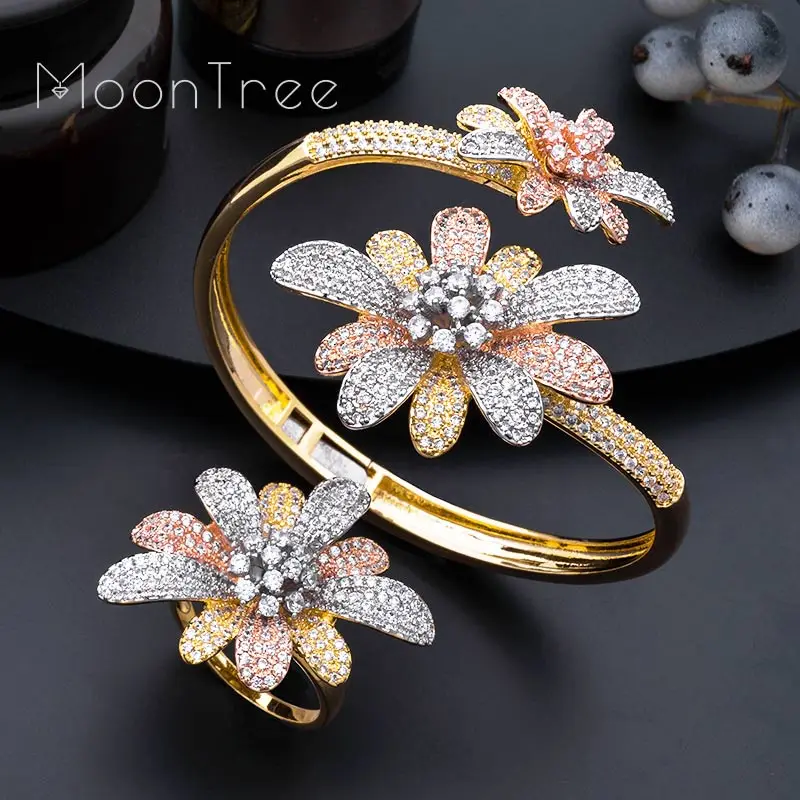 

ModemAngel New Blossom Flower High Quality Bangle And Ring Full Micro AAA Cubic Zirconia 3 Tone Copper Women Wedding Gift