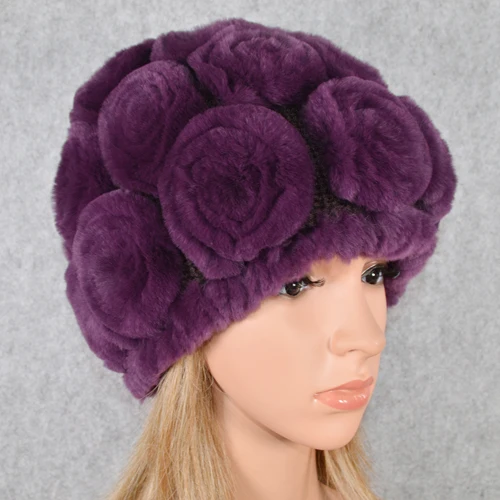 purple Зимняя шапка из меха кролика Рекс женская вязаная натуральный мех кролика рекс цветы шапочки шапки Теплый мягкий Настоящий мех кролика шапки - Цвет: purple