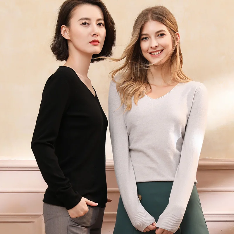 Sexy Wool Sweaters Fashion 2018 Women Casual Long Sleeve V-neck Thin Knitted Jersey Autumn Pullover Sweater Female Jumper Pink | Женская