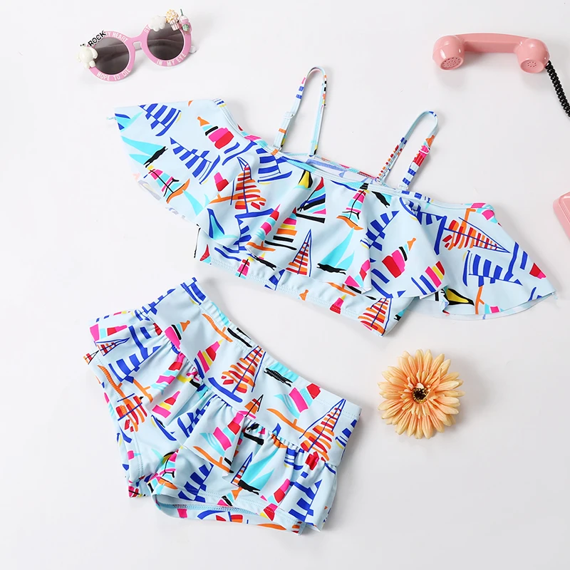 Розовый синий детский купальный костюм из двух предметов милый купальник-бикини