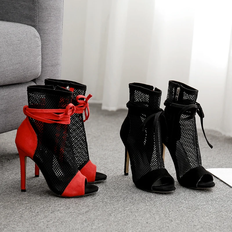DEleventh Nueva moda пикантные mujeres Zapatos de malla corta cremallera tacones Босоножки с открытым носком
