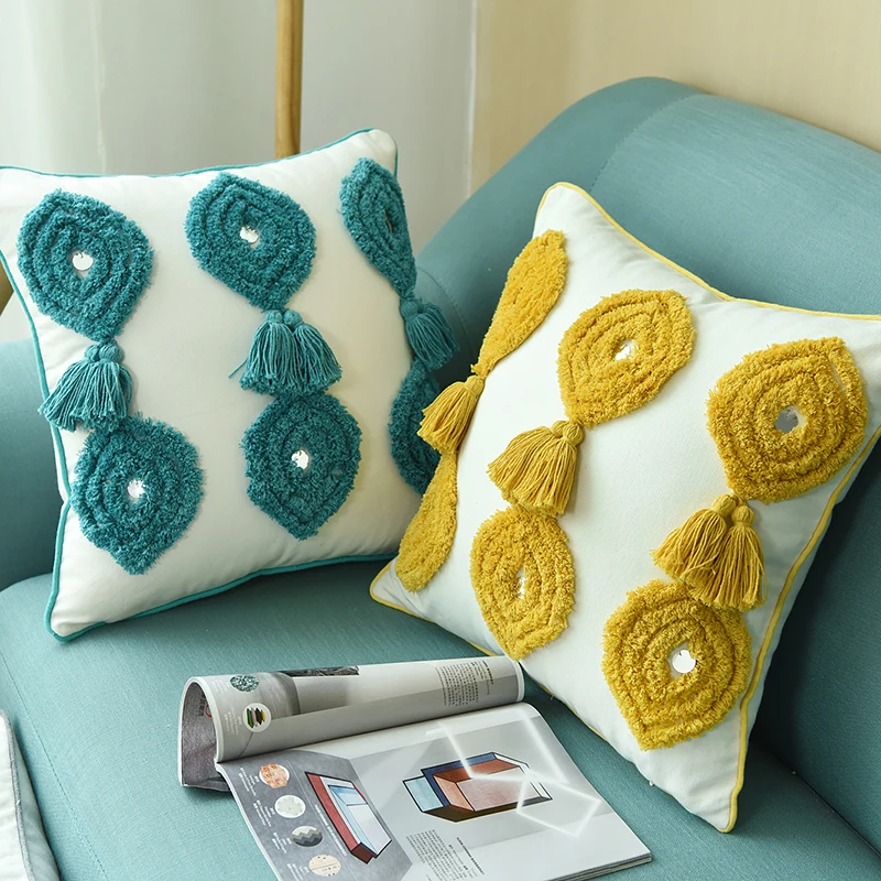 Наволочка для подушки с кисточками горчично желтая синяя серая наволочка ручной