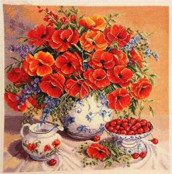 

Needlework,DIY DMC Cross stitch,Sets For Embroidery kits,Poppy and cherry flowers teaport Patterns Cross-Stitch kits home decor