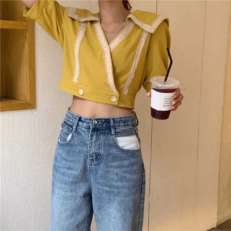Alien Kitty Fashion Loose All-Match Short Sleeves Retro Summer Patchwork Lace 2019 Casual V-Neck Female Sweet New Style Shirts | Женская