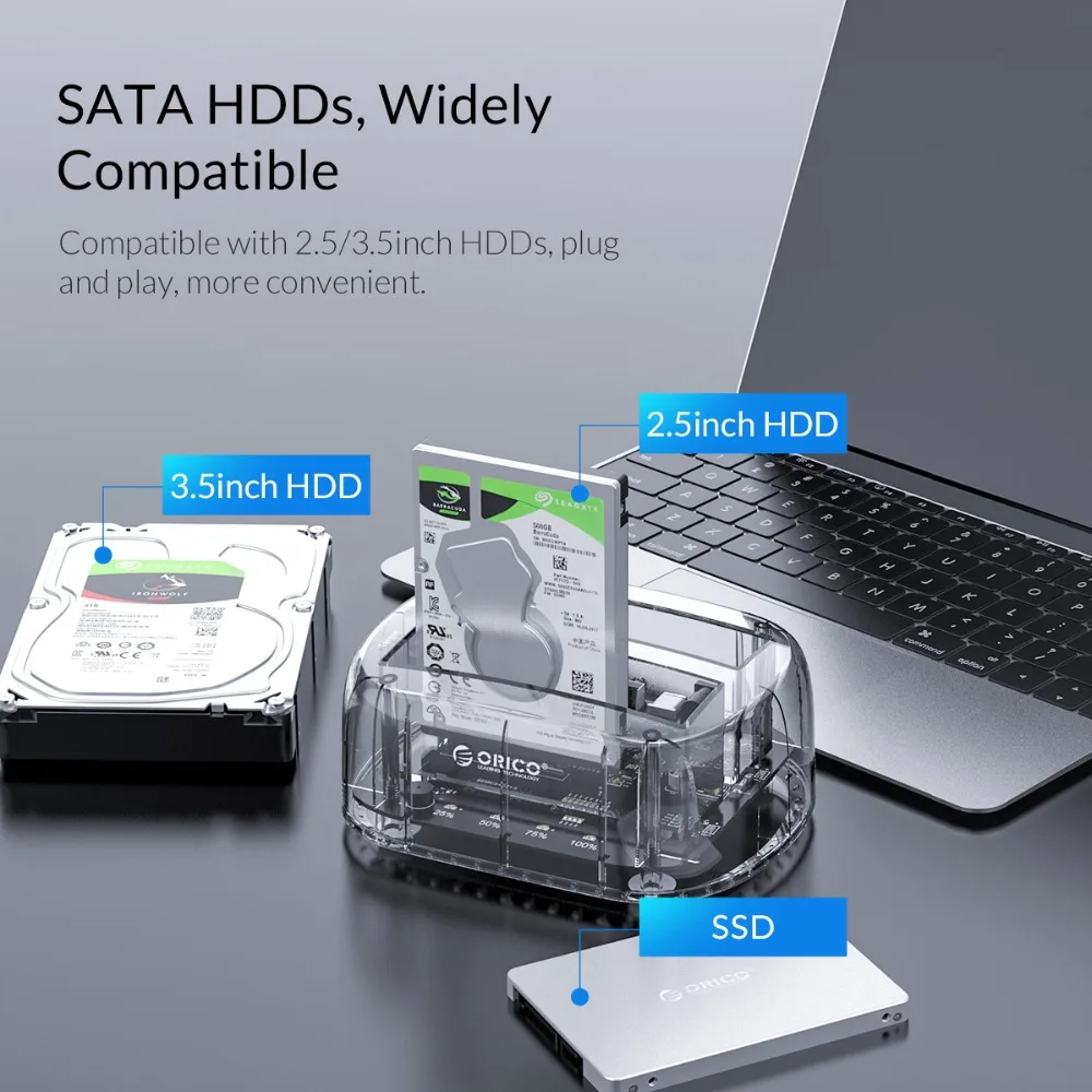 ORICO 2.5/3.5 inch 2 Bay USB3.0 Transparent Hard Drive Enclosure Support UASP 24TB HDD Dock Station With 12V3A Power Adapter